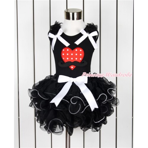 Valentine's Day Black Baby Pettitop with Black Ruffles & White Bow & Mustache Red White Dots Heart Print with White Bow Black Petal Baby Pettiskirt NG1384 